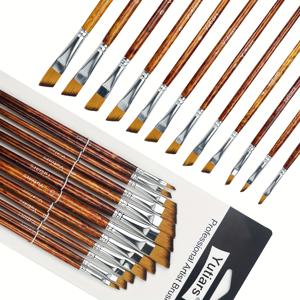 TEMU 12pcs 각도 페인트 브러시, 비등한 팁 나일론 헤어 긴 손잡이 각도 페인트 브러시 세트 아트 전문 페인팅 용품 아크릴, 워터 컬러, 과카 및 오일 페인팅