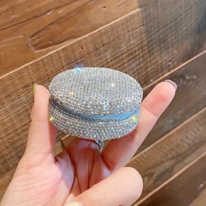 TEMU 1개의 고급 라인스톤 장식 라운드 컴팩트 파우더 케이스, 플라스틱 플립 탑, 무향, 휴대용 여행 메이크업 파우치 퍼프 포함, 빈 상자