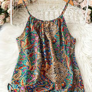 TEMU 여성용 화려한 페이즐리 프린트 민소매 캐미솔 탑 - 루즈핏, 폴리에스터, 세탁기 사용 가능, 여름 캐주얼 웨어 그린, 블루, 레드 & 오렌지