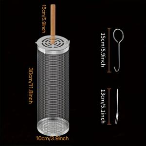 TEMU 손잡이가 있는 스테인리스 스틸 바비큐 그릴, 무료 메탈 포크 & 후크 포함 - 내열 디자인 바베큐 도구 세트, 휴대용 야외 필수품, 라운드 파이어 핏 요리 바스켓, 캠핑 BBQ 액세서리