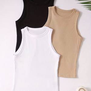 TEMU 여성용 여름 솔리드 컬러 3피스 탱크탑, 아이스 파이버 소재 리브드 스포츠 탑