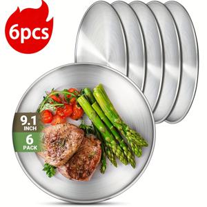 TEMU 6피스 스테인리스 스틸 디너 플레이트 세트, 샐러드 플레이트, 조리된 음식용 플레이트 및 디저트 플레이트, 바비큐 캠핑 호텔 케이터링 서비스용 접시 9.06인치, 실버