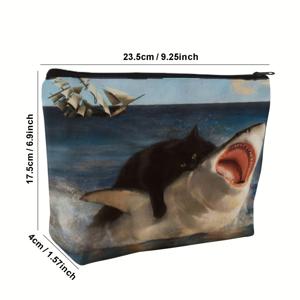 TEMU 섬세한 유머 스타일 메이크업 백, 재미있는 검은 고양이 상어 공격하는 패턴, 유행 선물, 자매용 휴대용 화장품 가방, 학생 필통, 간식 파우치, 다기능 보관 파우치, 여행용 동전 주머니