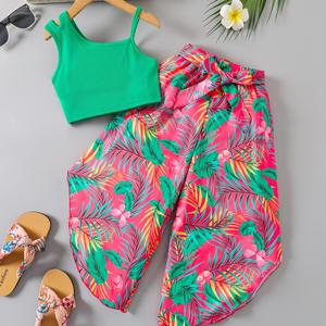 TEMU 2개 세트 여아용 트로피컬 프린트 아웃핏 - 민소매 크롭탑 & 와이드 레그 쇼츠, 비대칭 야자수 잎 & 히비스커스 프린트, 핑크 터키석 화이트 옐로우 그린 하와이안 비치웨어, 여름, 휴가, 수영장 파티 의상, 야외 활동에 완벽|나시티