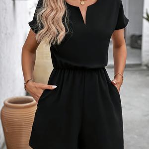 TEMU 여성용 해군 파란색 휴가 스타일 점프수트, 넥이 있는 V-넥, 짧은 소매, 더블 포켓 - 우아하고 캐주얼, 봄과 여름에 완벽한 캐주얼 의상 | 휴가 스타일 점프수트 | 짧은 소매 상의, 점프수트