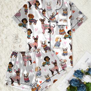 TEMU 전면 버튼 개 프린트 파자마 반바지 편안한 올 시즌 착용 가능한 청소년 유니버설 잠옷 세트