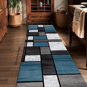 TEMU 1개, 골든 벨벳 긴 러너 매트, 블루 체크 디자인, 부드럽고 내구성 있는 질감, 실내 및 실외 마당에 적합, 세탁기 사용 가능, 홀웨이용 특대형 바닥 매트, 실내 격자 매트, 긴 러너 매트