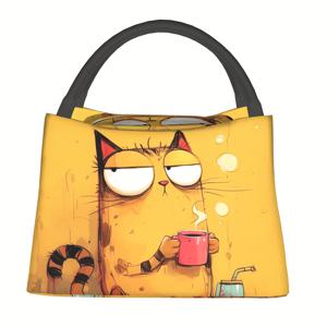 TEMU 1pc 노란 고양이 커피 패턴, 재사용 가능한 야외 휴대용 보온 도시락, 도시락 가방, 벤토 가방, 누출 방지 보온 쿨러 가방, 식품 가방, 가족, 친구 및 파트너를 위한 최고의 생일 선물, 11X6.3X6.7 인치