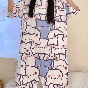 TEMU 여성용 귀여운 만화 프린트 파자마 원피스 - 반팔, 라운드 넥, 앞 포켓 & 버튼 클로저, 느슨하고 편안한 봄/여름 잠옷, 라이트 핑크색, 블루 & 화이트 만화 디자인, 캐주얼 파자마 | 만화 프린트 바지 스ूट | 앞 포켓 디자인|여름원피스|여름잠옷|반팔