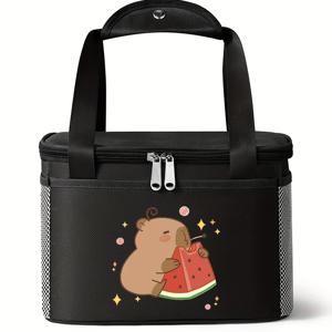 TEMU 카피바라 프린트 보온 도시락 가방 - 스타일리시하고 캐주얼한 식사용 토트백, 지퍼 클로저, 접이식 디자인, 손세탁 전용, 폴리에스터 안감, 이중 손잡이, 직장 및 여행에 적합 (식품 접촉 없음; 2D 평면 인쇄)