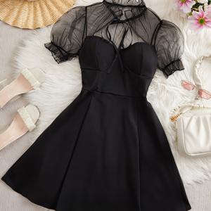 TEMU 여성용 멋진 블랙 A라인 미디 드레스, 메쉬 오버레이 및 리본 디테일 - 섹시한 나이트클럽 스타일, 핏, 반팔, 라운드 넥