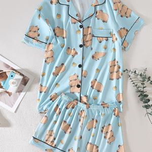 TEMU 귀여운 카피바라 만화 잠옷 세트 - 반팔 셔츠 & 반바지, 밝은 파란색으로 귀여운 동물 프린트, 부드럽고 편안함, 여름용 루즈웨어에 이상적