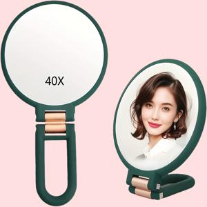 TEMU 1x40x 이중면 확대 핸드 미러, 조절 가능한 스탠드 - 여행, 화장대, 욕실 사용에 이상적, 미용 필수품 | 컴팩트한 디자인 | 내구성 있는 플라스틱 프레임, 메이크업 미러|돋보기