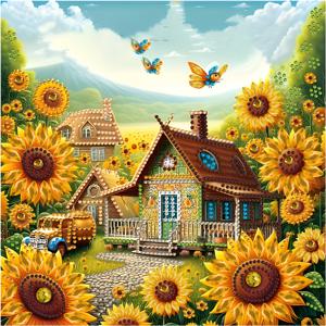 TEMU 1개 5D 페인팅 키트 - 코티지가 있는 집, 11.8x11.8인치, 불규칙한 모양의 , 생생한 꽃 필드 풍경 캔버스 아트 (가정, 레스토랑, 거실 장식용), 벽 장식, 섬세한 장인 정신, DIY손그림, 벽 걸이, 그랜홈 장식, 선물용
