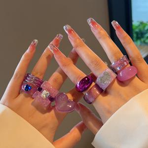 TEMU 9pcs 스타일 보라색 레진 링 세트 - 하트 & 기하학적 스택형 링, 라인스톤이 포함된 여성, 소녀, 절친한 친구를 위한 패션 주얼리 - 일상 착용, 파티, 여행에 적합