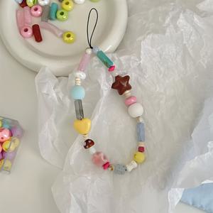 TEMU 컬러 블록 옐로우 하트 별 휴대폰 케이스, 짧은 비즈 스트랩, 만화 폰 코드, 카메라 체인 포함.