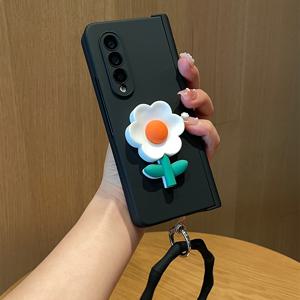 TEMU 갤럭시 Z 폴드 7, Z 폴드 6, Z 폴드 5, Z 폴드 4, Z 폴드 3용 휴대폰 케이스: 힌지 오렌지 쉘/블랙 + 3D DIY 오렌지 꽃/화이트 꽃/꽃 + 후크 카드 + 웨이브 팔찌