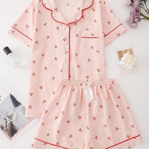 TEMU 여성용 핑크 체리 프린트 파자마 세트, 버튼 디테일, 편안한 반팔, 보우클로 디자인, 신축성 있는 반바지, 가정용 캐주얼 루즈웨어, 봄/여름/가을