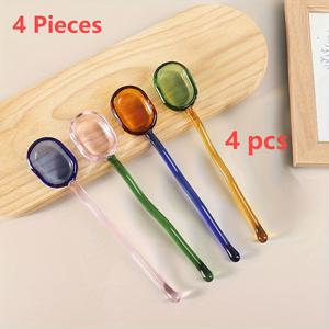 TEMU 4pcs 유리 숟가락 - 다양한 파스텔 색상 (분홍색, 녹색, 파란색, 오렌지색) - 커피, 차, 아이스, 젤리, 등에 완벽 - 세련된 주방 필수품, 커피 숟가락 세트 | 유리 용기 | 광택 마감