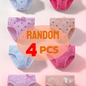 TEMU 소녀용 귀여운 속옷 4개 세트 - 꽃무늬 & 왕관 리본이 달린 부드러운 스트레치 삼각 팬티, 미드라이즈 무부피, 라이트 베이지-친화적 폴리에스터-스판덱스 (랜덤 4종 혼합) - 사계절용 소녀 팬티 4팩