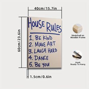 TEMU 액자된 하우스 룰 캔버스 포스터 - 아트 데코 모던 레트로 스타일, 흰색 배경에 파란 글씨, 5가지 영감을 주는 규칙 (친절하게 행동하라, 예술을 만들라, 열심히 웃어), 거실/침실/홈오피스를 위한 초상화 벽 장식, 가을 겨울 실내 작품, 액자가 있는 디자인의 내구성 있는 캔버스 벽 예술