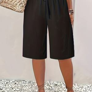 TEMU 여성용 캐주얼 루즈핏 반바지 - 단색, 신축성이 없는, 신축성 있는 허리띠와 드로스트링, 봄 & 여름에 완벽, 모든 계절의 편안함, 캐주얼 여름 의류 | 편안한 핏 반바지 | 원단 반바지
