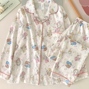 TEMU 여성용 귀여운 만화 캐릭터 롱소매 파자마 세트 - 고퀄리티 라운드웨어 투피스 캐주얼 로브 & 스위트 도미토리웨어|여름잠옷