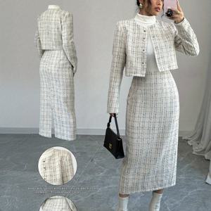 TEMU 여름/가을 신상 여성용 롱슬리브 자켓이 포함된 투피스 스커트 세트, 독특한 패션 우아함, 100% 폴리에스터, 세탁기 사용 가능, 여름/가을에 적합, 몸매를 돋보이게 하는 스타일, 출퇴근, 업무, 사진 촬영, 외출, 쇼핑에 이상적, 발렌타인데이 선물|여름원피스|가을원피스