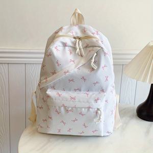 TEMU 여성용 리본 프린트 백팩 - 파스텔 핑크/블루/블랙, 조절 가능한 어깨끈 & 태슬 지퍼, 대용량 노트북 가방 (15.6인치 수납), 다중 수납공간 컬리지&출근&여행백 - 우아한 여성 선물, 데일리 커뮤터, 패션 액세서리, 부드러운 소재