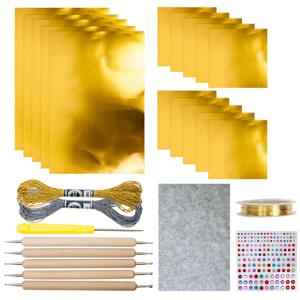 TEMU 10장 잎사귀 시트 4.7 X 4.7인치, 5장 잎사귀 시트 7.8 X 11.8인치, 아트 포일 종이 시트, 금박 브러시, 얇은 잎사귀 종이 공예, 메탈릭 자수실 & 직물 & 조각펜 & 송곳 & 165개 스티커 포함