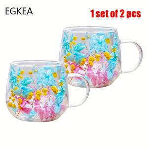 TEMU EGKEA, 2개 세트, 300ml 이중벽 고온 저온 보온 유리 컵, 통합 꽃 디자인 - 온도 조절, 인간 중심 핸들, 커피, 차, 칵테일용 밝은 색상 - 손세척만, 음료 보온 | 장식용 식기 | 내구성 있는 유리 도구, 카페 액세서리, 가족 선물.