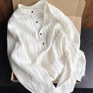 TEMU 남성용 캐주얼 리넨 긴팔 셔츠, 수직 줄무늬 - 루즈핏, 버튼업 칼라, 사계절용 편안함, 캐주얼 의상에 완벽, 편안한 옷 | 수직 줄무늬 셔츠 | 신축성 없는 원단