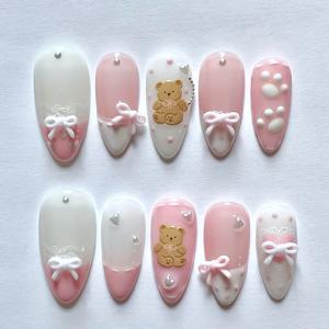 TEMU 10개 세트 전통 수제 아몬드형 네일아트: 귀여운 카툰 스타일, 사랑스러운 곰돌이 & 우아한 하트 디자인 - 모든 여성의 데일리 웨어에 완벽한 순수 액센트