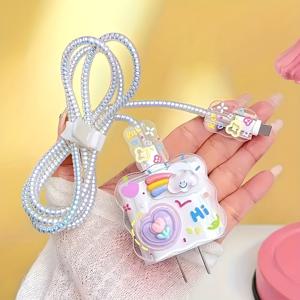 TEMU 애플 18W/20W 충전기와 호환되는 보호 케이스, 데이터 케이블 랩을 사용하여 파손을 방지하고, 귀여운 보라색 3D 하트 패턴을 특징으로 하며, 5개 세트로 제공됩니다.