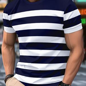 TEMU 남성 캐주얼 반팔 티셔츠 - 해군 파랑 & 흰색 수직 , 크루 넥, 정상 핏, 경량 폴리에스터 원단, 캐주얼 의상, 일상 티셔츠 | 클래식 티 | 경량 셔츠