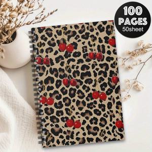 TEMU 1pc 빈티지 프린트 스�파이럴 노트북 - 레트로 저널, 체리 잎 디자인, 검은 갈색 동물 패턴, 100페이지, 글쓰기, 사무실, 또는 선물에 적합, 노트북 저널 5.5X8.3인치