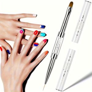 TEMU 1개 전문 네일 브러시 - 라인스톤 그립 듀얼 헤드 매니큐어 도구, 스테인리스 스틸 & 나일론 브리슬 - 젤, 아크릴, 폴리에젤 네일에 적합 - 살롱 및 홈 네일아트 디자인용 - 무취 네일 익스텐션 브러시, 인체공학적 그립, 고품질 브리슬, 뷰티 애호가를 위한