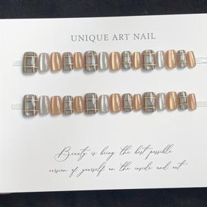 TEMU 가을/겨울 스타일 네일 - 탈착 가능한 영국 아카데미 블루 & 화이트 체크 스티커가 있는 짧은 수제 체크무늬 캣아이 프레스온 네일|네일스티커