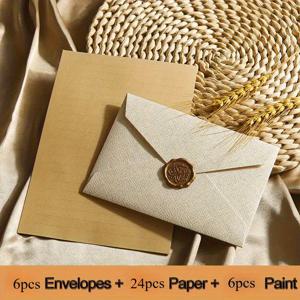 TEMU 36pcs 세트 (6개 봉투 + 6개 왁스 씰 + 24장 레터헤드) 럭셔리 리넨 봉투 및 문구 세트 - DIY 선물, 결혼식 초대장, 사무용 편지, 기프트 카드 봉투용 셀프 씰|편지지|실링왁스