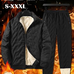 TEMU 남성용 캐주얼 투피스 세트: 두꺼운 플리스 안감 재킷과 바지, 고품질 안감이 있는 헤비웨이트 겨울 스포츠 지퍼업 후드티, 신축성 허리밴드, 드로스트링 포켓, 단색 다목적 홈 & 아웃도어 스키 방풍 보온 플러시 컴포짓 상하의 커플용|스포츠|냉장고바지|옷