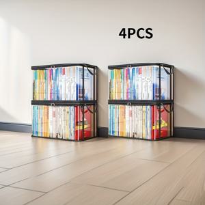 TEMU 2개 또는 4개 대형 투명 책 정리 가방 (뚜껑 & 손잡이 포함) - 내구성 강한 PVC 소재, 사무실/학교/도서관용 공간 절약형 보관함, 책/장난감/스낵 수납, 스택 가능 디자인, 가정 및 사무실 정리용, 튼튼한 구조, 책가방, 데스크 & 서랍 정리 솔루션