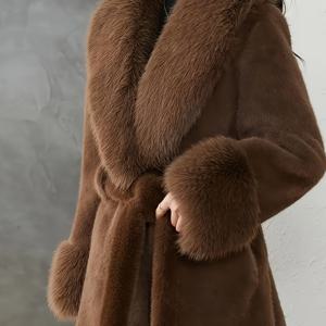 TEMU 여성용 우아한 인조 퍼 코트, 플러시 안감 - 딥 브라운, 긴 소매, 벨트 허리, 플레어드 헴, 싱글 브레스트 프론트, 캐주얼 겨울 아우터웨어, 추위 날씨용 겨울 코트