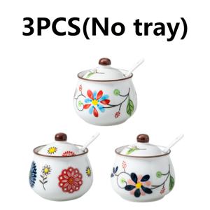TEMU 3개 세트 수제 도자기 양념병, 유약색상 가정용 조미료 용기, 뚜껑과 스푼 포함, 소금 및 설탕 보관병, 주방 정리용 병, 정교한 꽃무늬