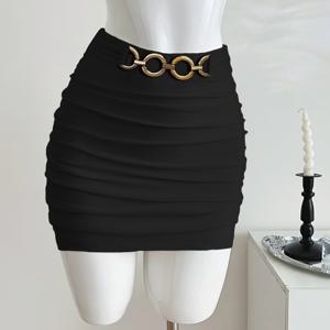 TEMU 여성용 우아한 하이웨이스트 숏 스커트 - 주름 방지 스트레치 원단과 메탈 버클 벨트, 솔리드 블랙 올시즌 오피스부터 파티까지 다재다능한 일상 및 특별한 날을 위한 스타일