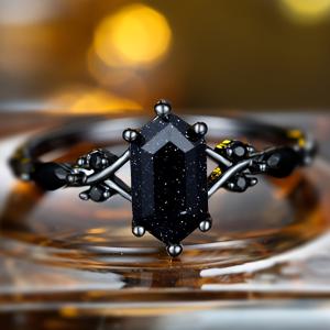 TEMU ANGOL 여성용 우아한 블랙 로마스 합성 지르코니아 반지 - 총금 도금 럭셔리 주얼리, 결혼식 및 파티용 다용도 액세서리, 일년 내내 사용 가능한 클래식 액세서리, 퍼플 고딕 링, 블랙 스톤 여성용, 옵시디언 링, 총금 블루 주얼리