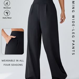 TEMU 여성용 와이드 레그 운동 팬츠 - 포켓 포함, 사계절용 복부 컨트롤 애슬레틱 레깅스, 하이웨이스트 루즈핏 짐 팬츠 (요가, 캐주얼 웨어용), 세탁기 사용 가능 (단색, 시스루 패널 없음) - 플러스 사이즈 지원