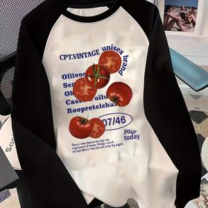 TEMU 여성용 오버사이즈 래글런 긴팔 티셔츠 - 토마토 프린트 & 독일어 텍스트 그래픽, 캐주얼 루즈핏 라운드넥 탑 (봄/가을용), 블랙 & 대비 컬러, 일본식 한국 패션 스타일