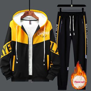 TEMU 클래식 남성 2피스 안감 트랙수트 세트, 캐주얼 풀집 후드 스웨트셔츠와 조거 팬츠, 헬스 및 러닝용 두꺼운 스타일|헬스복