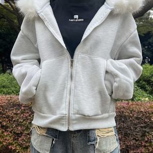 TEMU 여성용 포근한 인조 퍼 안감 후드티 - 캐주얼 긴팔 풀오버 지퍼, 회색 & 흰색 대비 디자인, 가을 & 겨울에 완벽, 캐주얼 겨울복 | 지퍼 후드티 | 인조 퍼 안감 후드티