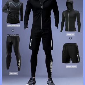 TEMU 4pcs 남성 캐주얼 스포츠웨어 세트 - 통기성 컴프레션 긴팔 티셔츠, 패션 반사 지퍼업 후드티, 반바지 및 레깅스, 스트레치 퀵 드라이 컴포트 원단, 러닝, 헬스, 야외 사이클링, 하이킹, 농구 훈련용|남자반바지|남성반바지